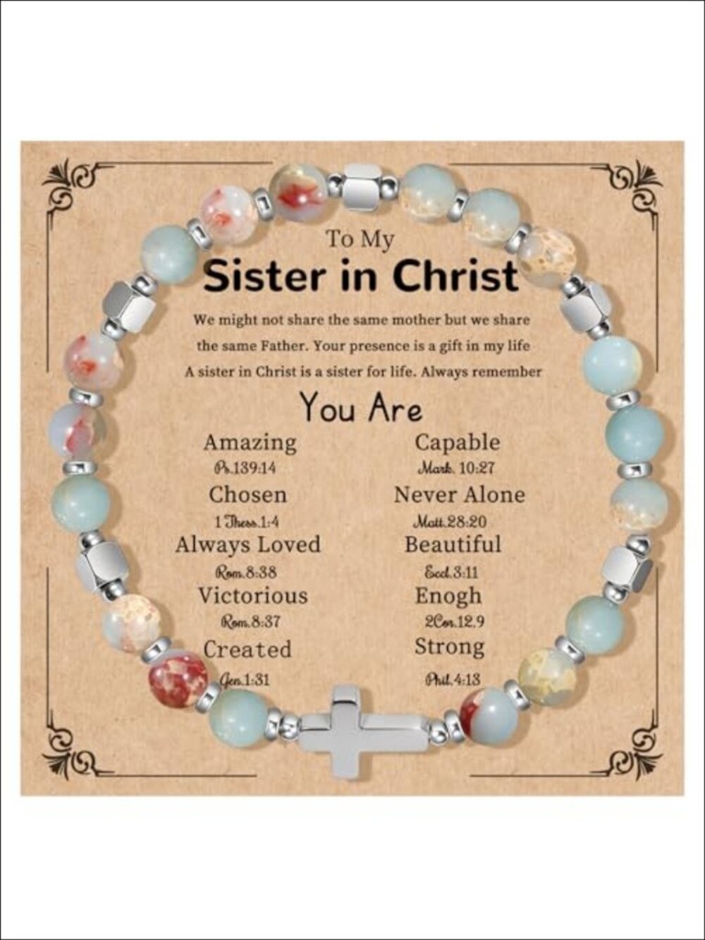 Natural Stone Stretch Bracelet Cross Religious Christian Gift